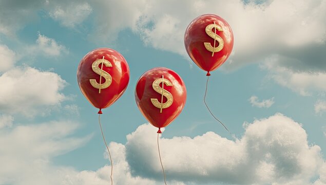 Three red balloons, each with a gold dollar sign, float against a cloudy sky - Powered by Adobe