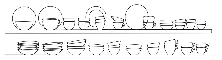 organized tableware on shelves monoline thin lineart vector