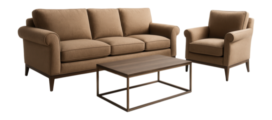 Brown sofa and armchair set with a rectangular wooden coffee table on transparent background.