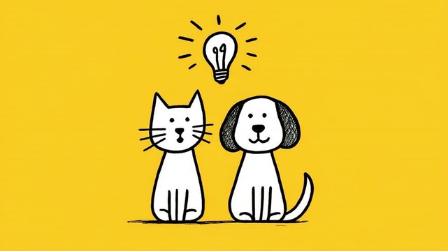 Cute cat and dog cartoon characters with a light bulb idea on a bright yellow background
