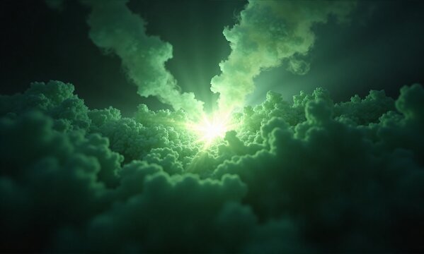 Mysterious dark green clouds fill the sky, illuminated by a powerful, ethereal light source breaking through the dense cover.