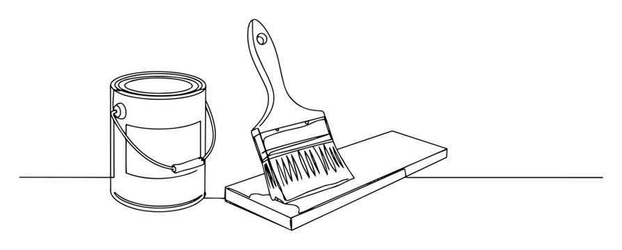 one continuous line drawing of a paint can and brush for renovation vector lineart