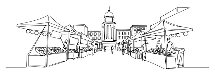 continuous one line drawing of a farmers market on a city street with stalls and a town hall vector lineart illustration