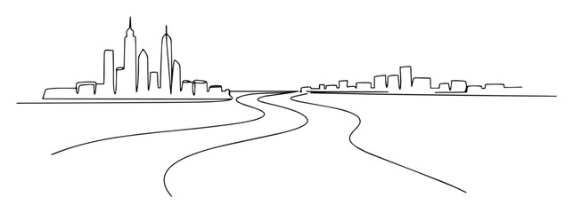 Fototapeta premium continuous one line drawing of a road leading to a city skyline urban landscape vector outline sketch