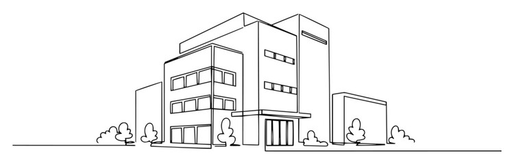 continuous one line drawing of a modern office building or school exterior architecture vector design