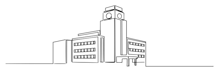 continuous one line drawing of a school building or train station with a clock tower vector sketch