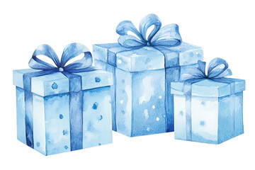 Three light blue watercolor christmas gift boxes with bows isolated on transparent background