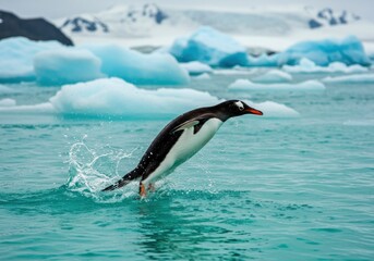 Penguin leaping in icy water