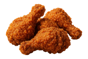 Crispy fried chicken drumsticks coated in a rich, golden-brown batter on transparent background.