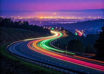 Fototapeta premium Modern infrastructure and transportation depicted by car light trails on a highway overlooking a metropolitan area.