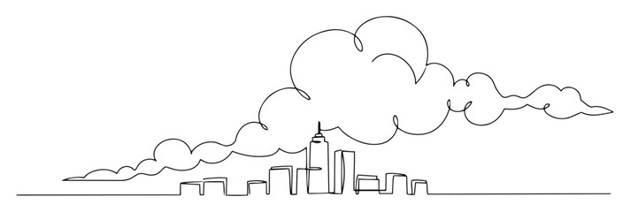 urban city skyline with clouds monoline thin vector lineart outline design