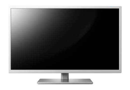 Sleek modern flat-screen television with a thin silver frame and wide display on a transparent background.