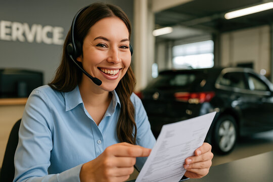 Car Service with Professional: A customer service representative exudes professionalism and enthusiasm as she reviews documents related to vehicle maintenance or repair.