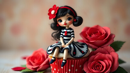 A charming doll with a red flower in her hair sits atop a cupcake surrounded by red roses, creating a sweet and romantic scene