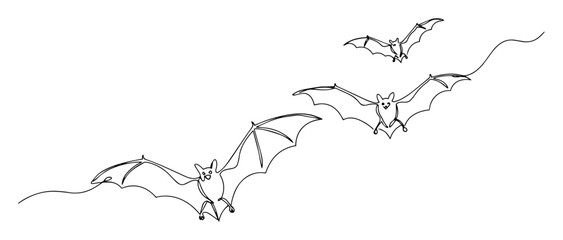 one continuous line drawing of a flock of flying bats for a nocturnal animal or halloween concept vector contour lineart