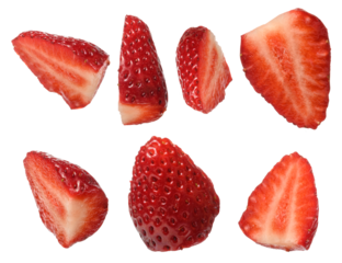 Collage of ripe strawberry pieces, isolated background. Halves and quarters showing red flesh and seeds
