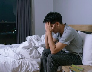 Sad Young Man Awake in Bed at Night – Concept of Insomnia, Anxiety, and Loneliness in the Dark