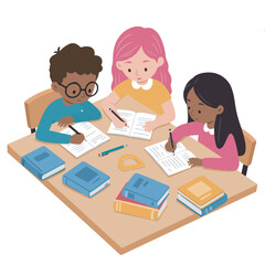 Diverse Group of Children Study Together at Desk in Classroom - Education and Learning Concept