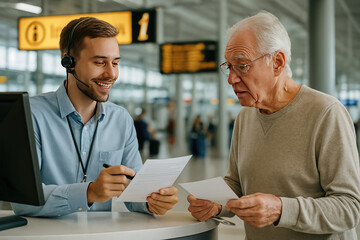 Fototapeta premium Airport Assistance: A helpful attendant assists a senior traveler with paperwork, exemplifying excellent customer service and support.