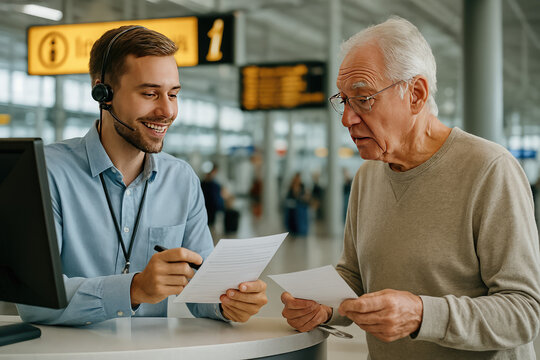 Airport Assistance: A helpful attendant assists a senior traveler with paperwork, exemplifying excellent customer service and support.