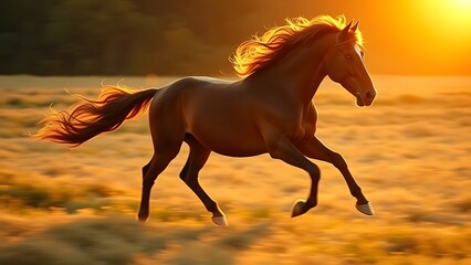 A majestic horse gallops across a golden field, its mane catching the warm glow of sunset light.