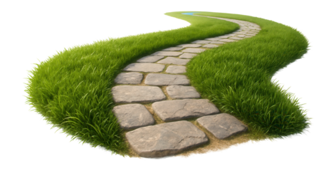 Curved stone path surrounded by lush green grass, creating a serene and inviting landscape feature on transparent background.