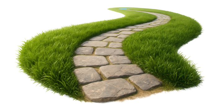 Curved stone path surrounded by lush green grass, creating a serene and inviting landscape feature on transparent background.