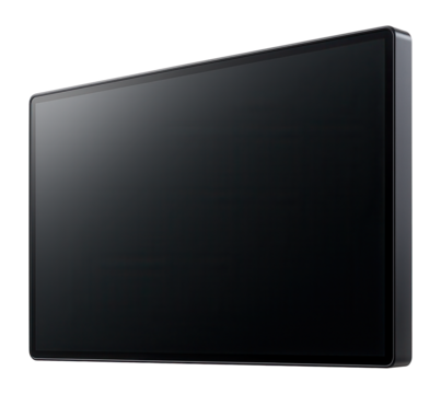 Modern flat-screen television with sleek black frame, showcasing minimalist design on transparent background.