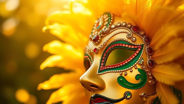 Golden-green feathered carnival mask with gemstones, representing Brazil Independence Day's festive luxury.