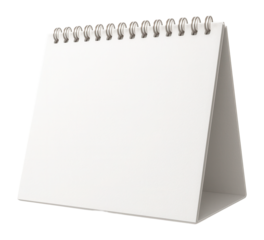 Blank spiral-bound tabletop calendar with a triangular stand, ready for artwork or text on transparent background.