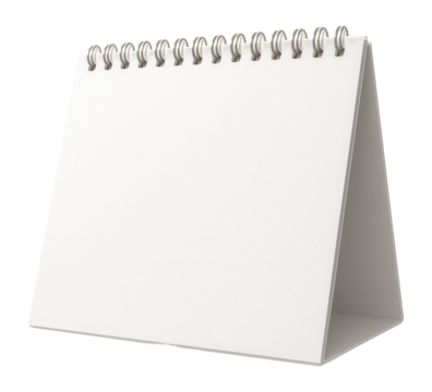 Blank spiral-bound tabletop calendar with a triangular stand, ready for artwork or text on transparent background.