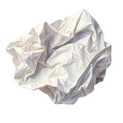 A realistic crumpled white paper sheet PNG, isolated with clean edges and shadows on white background.