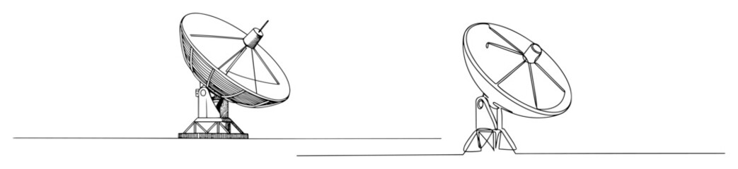 continuous one line drawing of a set of satellite dishes for communication and space observation a vector technology lineart sketch