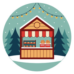Flat Illustration of a Holiday Market Stall Selling Gifts and Decorations.