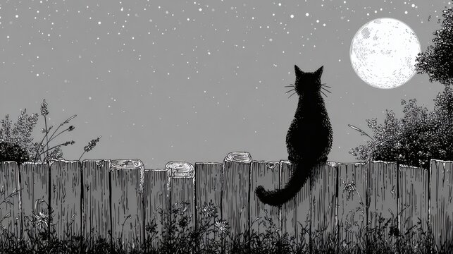 Black cat silhouette sitting on a wooden fence under a full moon