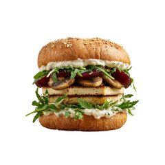 Delicious Vegan Tofu Burger on Sesame Seed Bun with Roasted Mushrooms and Beetroot