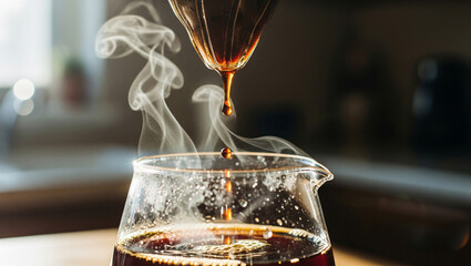 Pouring freshly brewed coffee from a pour-over device into a glass carafe