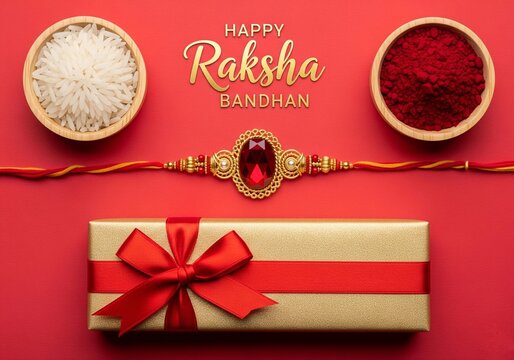 Raksha Bandhan Greeting with Rakhi, Roli, and Gift Box on Red