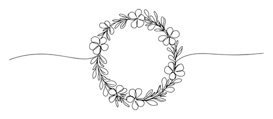 continuous one line drawing of a delicate floral wreath made of flowers and leaves a beautiful botanical frame for wedding vector monoline design