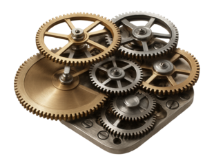 A collection of interlocking brass and steel gears showcasing mechanical engineering and precision on transparent background.