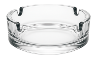 Clear glass ashtray with three grooves for holding cigarettes on transparent background.