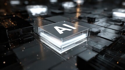 Futuristic AI technology concept with glowing artificial intelligence interface, black and silver digital blocks, and modern business innovation atmosphere