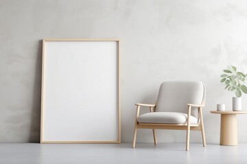 Large blank picture mockup against clean, light grey wall in studio apartment. Modern design