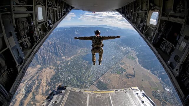 Soldier preparing for skydiving jump over scenic mountain landscape during bright sunny day
