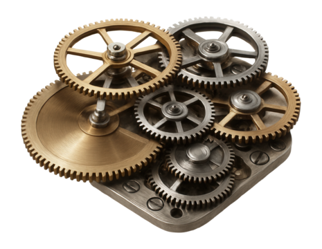 A collection of interlocking brass and steel gears showcasing mechanical engineering and precision on transparent background.