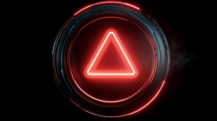 A glowing red triangular symbol surrounded by a circular neon frame, creating a futuristic and dynamic atmosphere.