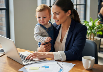Professional businesswoman multitasking with her baby, working on a laptop at an office desk