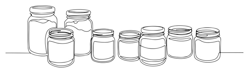 continuous one line drawing of a collection of glass jars for kitchen pantry storage and food preservation vector lineart design