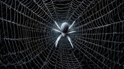 Obraz premium A spider sits in the center of its intricate web against a dark background