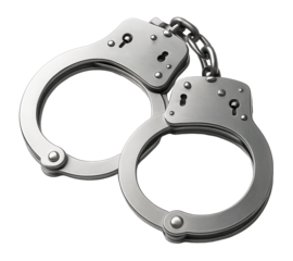 Shiny metal handcuffs with a short chain link connecting them on transparent background.